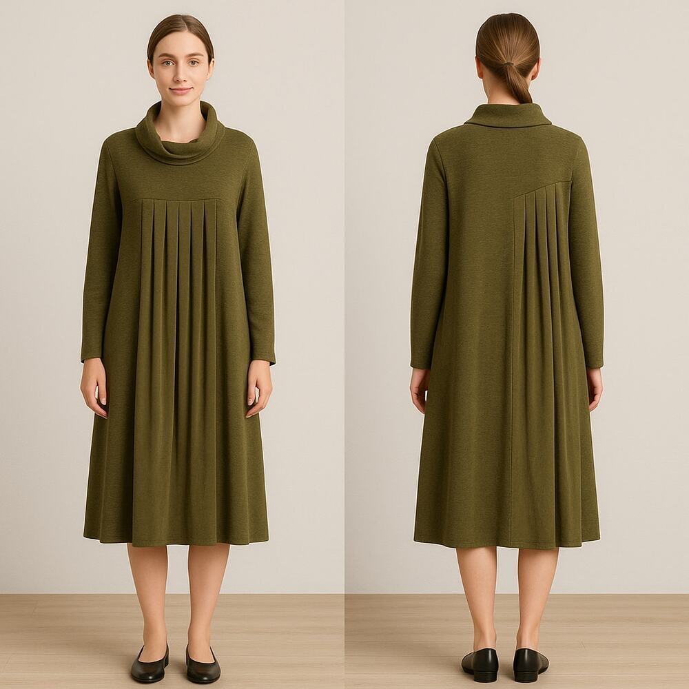 Stella Marina Collezione Olive Green Pleated Dress Cozy Cowl Neck Est. L/XL